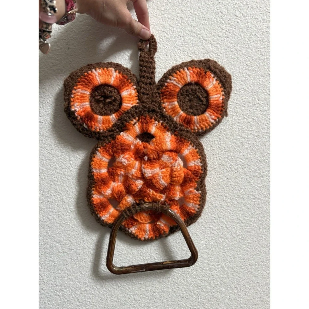 Handmade Crocheted Owl Towel Holder White Brown Orange Retro Vintage MCM Decor